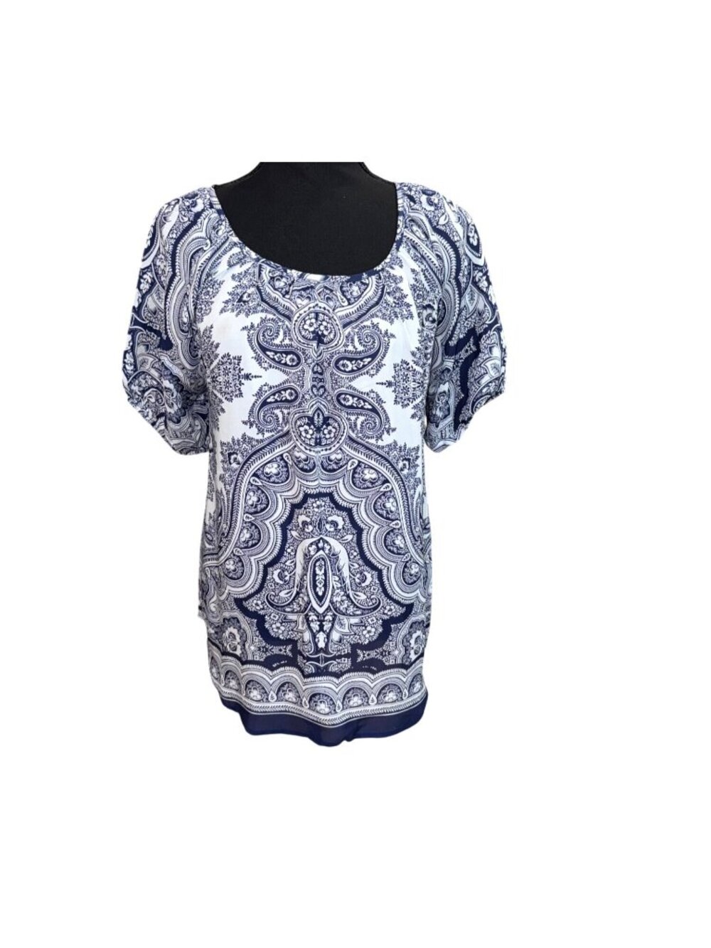 Sundance Womens S Silk Blue White Paisley Puff Sleeve Blouse Classic Luxury Art